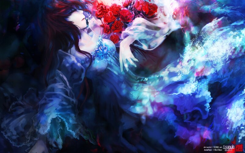 Anime Woman with Roses — Blue