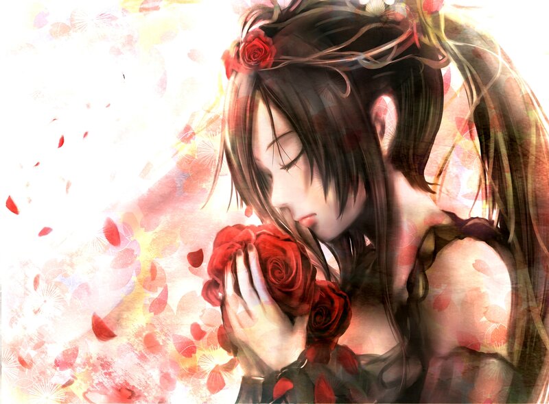 Anime Woman with Roses — Red, Serene