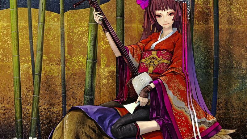 anime woman with shamisen