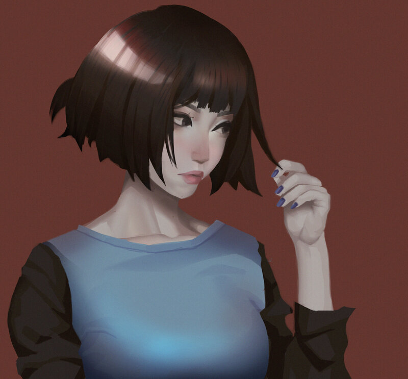 Anime Woman with Short Hair — Brown, Calm