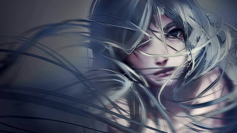 Anime Woman with Silver Hair — Gray, Dramatic