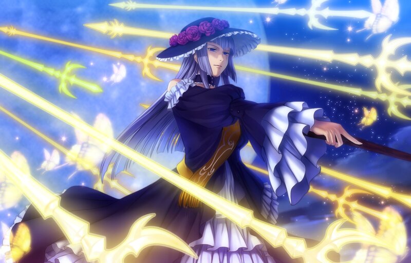 Anime Woman with Staff — Blue, Dramatic, Night, Magic