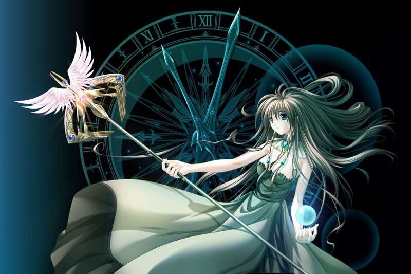 Anime Woman with Staff — Blue, Dramatic, Night