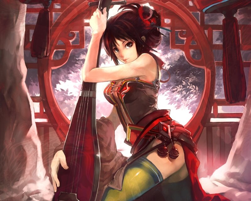 Anime Woman with String Instrument — Red