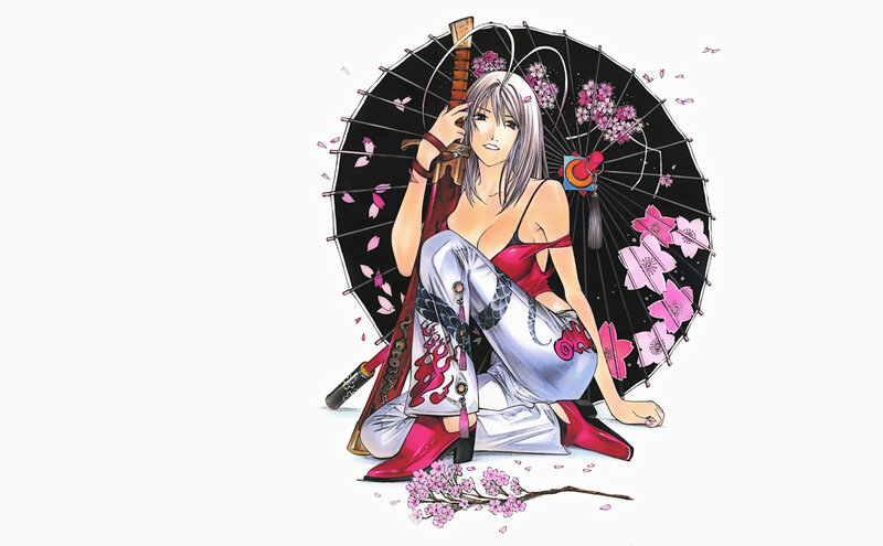 anime woman with sword and umbrella