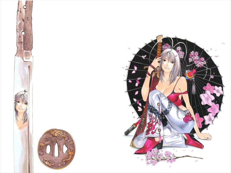 anime woman with sword and umbrella