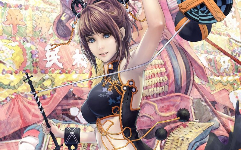 Anime Woman with Sword — Black, Dramatic, Digital Art, Armor