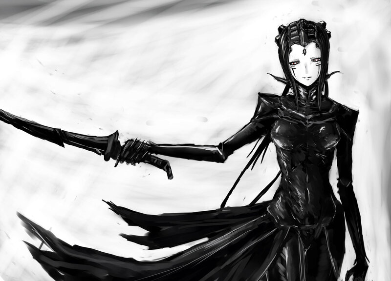 Anime Woman with Sword — Black, Dramatic, Digital Art, Black Dress