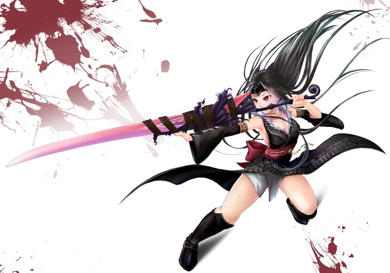 Anime Woman with Sword — Black, Dramatic, Digital Art, Blood Splatter