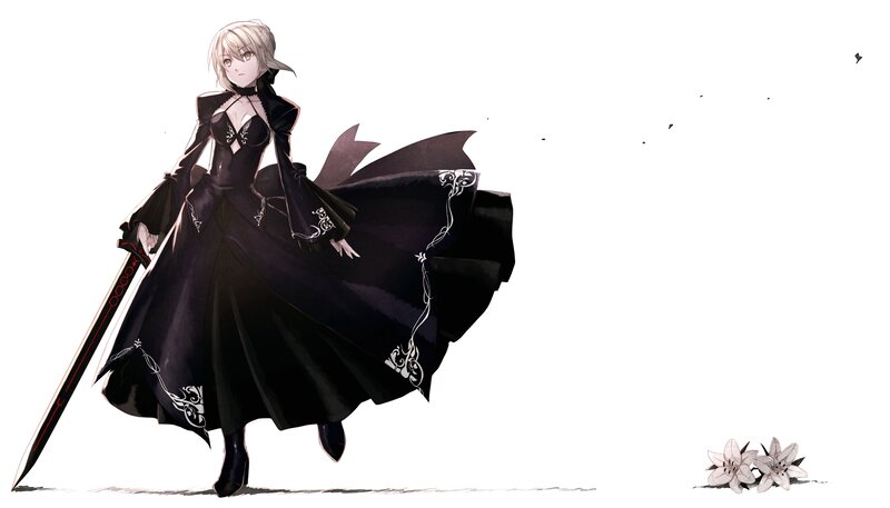 Anime Woman with Sword — Black, Dramatic, Digital Art, Flowers