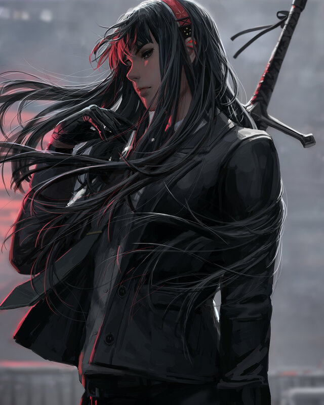 Anime Woman with Sword — Black, Dramatic, Digital Art, Long Hair