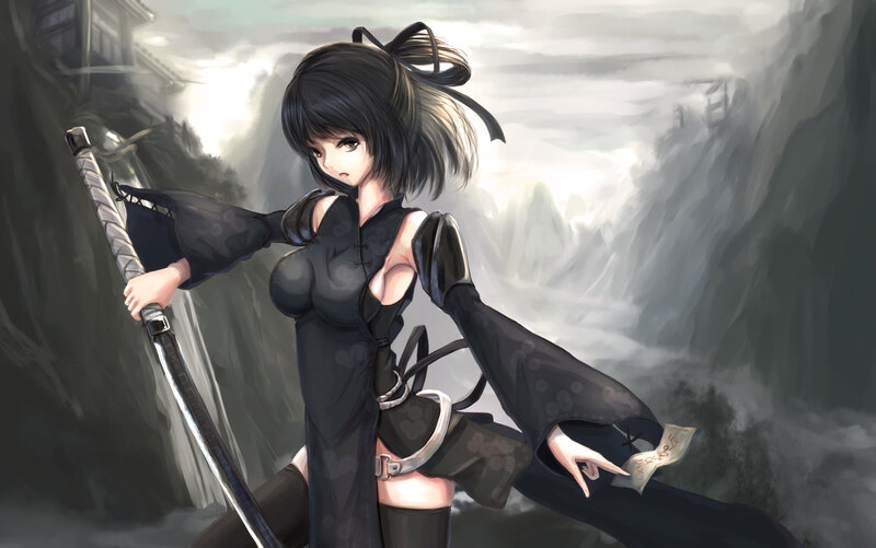 Anime Woman with Sword — Black, Dramatic, Digital Art, Mountain
