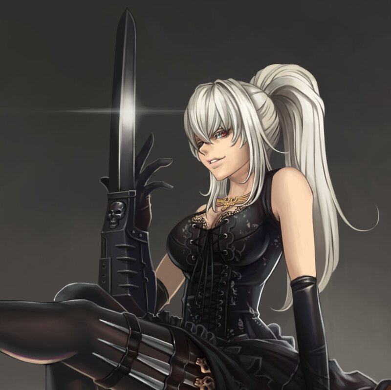 Anime Woman with Sword — Black, Dramatic, Digital Art, Skull