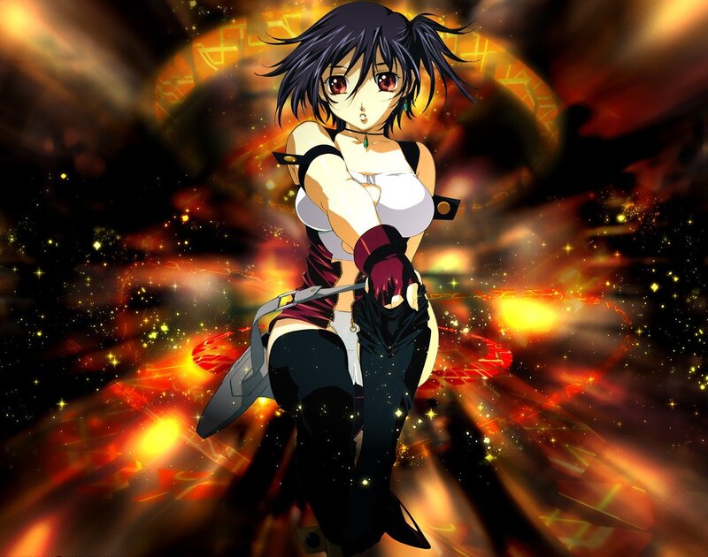 Anime Woman with Sword — Black, Dramatic, Fire, Sparkles, Red
