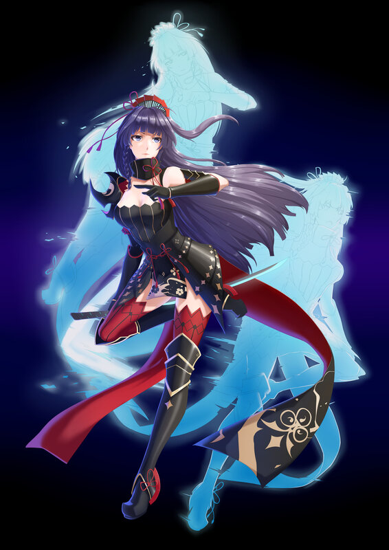 Anime Woman with Sword — Black, Dramatic, Night, Digital Art, Long Hair, Ghostly Figures