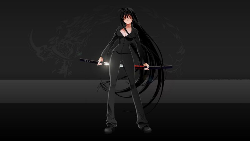 Anime Woman with Sword — Black, Dramatic, Night, Long Hair, Dark Background