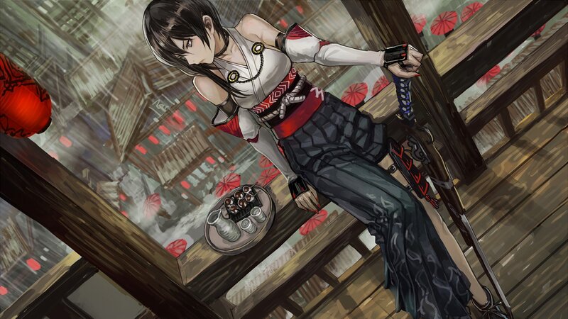 Anime Woman with Sword — Black, Dramatic, Night, Manga, Lanterns