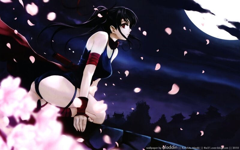 Anime Woman with Sword — Black, Dramatic, Night, Sakura Petals