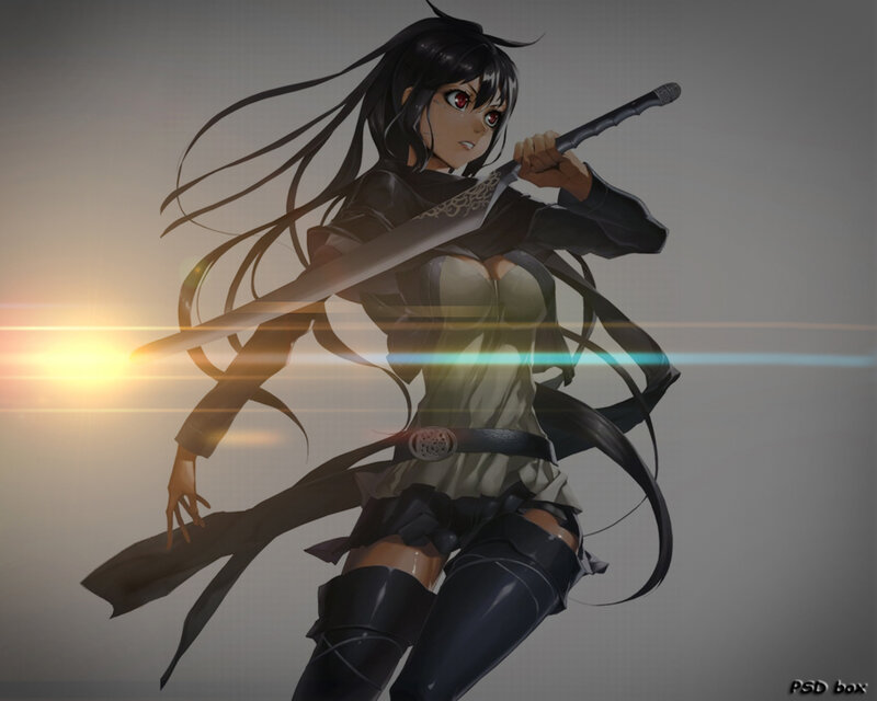 Anime Woman with Sword — Black, Dramatic, Sunset, Digital Art