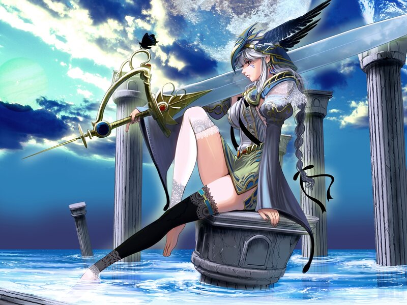 Anime Woman with Sword — Blue, Dramatic, Afternoon