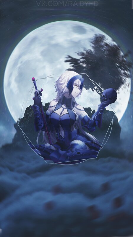 Anime Woman with Sword — Blue, Dramatic, Night, Digital Art, Moon