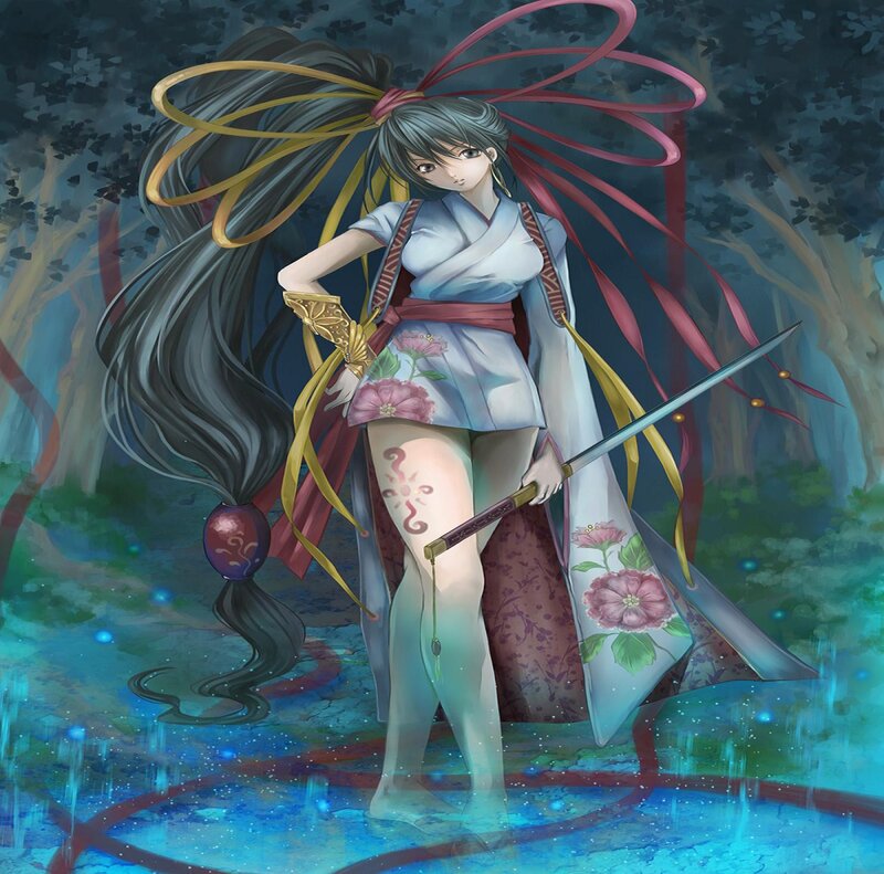 Anime Woman with Sword — Blue, Dramatic, Night, Forest