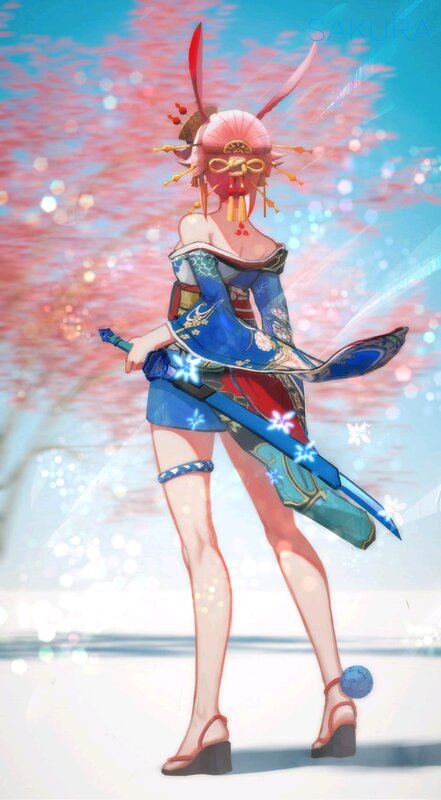 Anime Woman with Sword — Blue, Serene, Spring