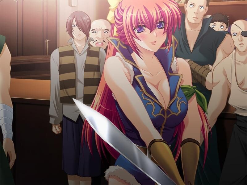 Anime woman with sword in tavern