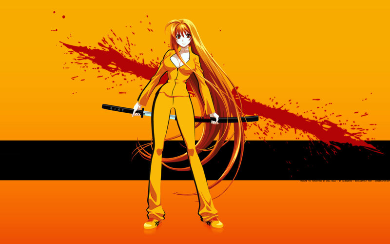 Anime Woman with Sword — Orange, Dramatic, Blood Splatter