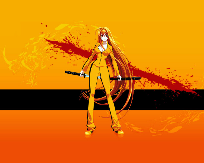 Anime Woman with Sword — Orange, Dramatic, Long Hair, Dragon, Yellow