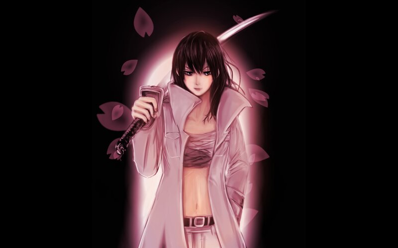 Anime Woman with Sword — Pink, Dramatic, Night, Digital Art, Cherry Blossoms, Coat