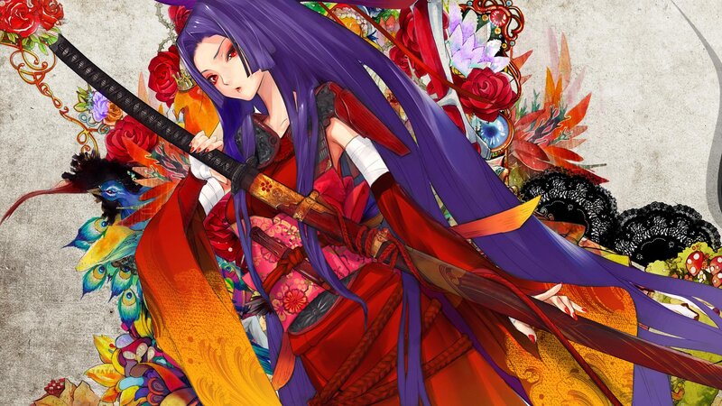 Anime Woman with Sword — Purple, Dramatic, Digital Art, Flowers
