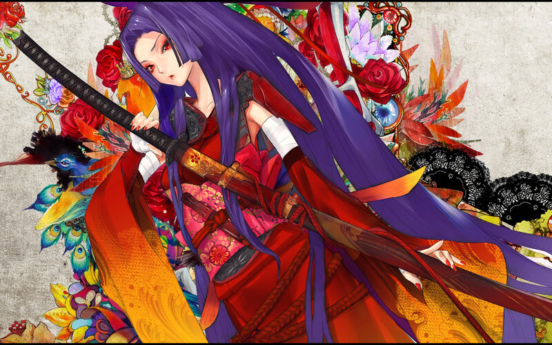 Anime Woman with Sword — Purple, Dramatic, Flowers