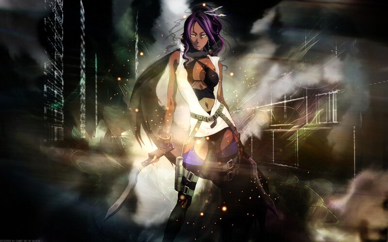 Anime Woman with Sword — Purple, Dramatic, Night, City Ruins