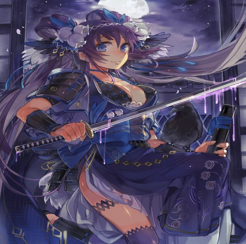 Anime Woman with Sword — Purple, Dramatic, Night, Crow