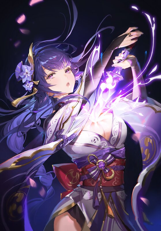 Anime Woman with Sword — Purple, Dramatic, Night, Digital Art, Flowers