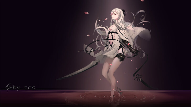 Anime Woman with Sword — Purple, Dramatic, Night, Digital Art, Petals