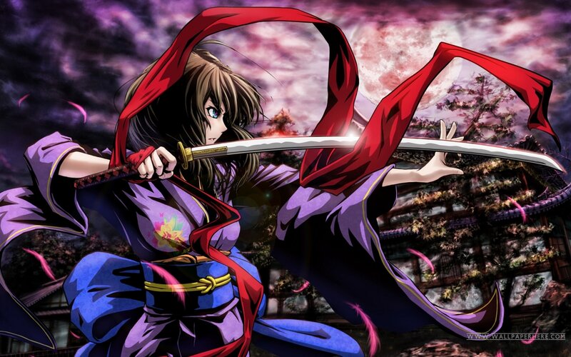 Anime Woman with Sword — Purple, Dramatic, Night, Kimono