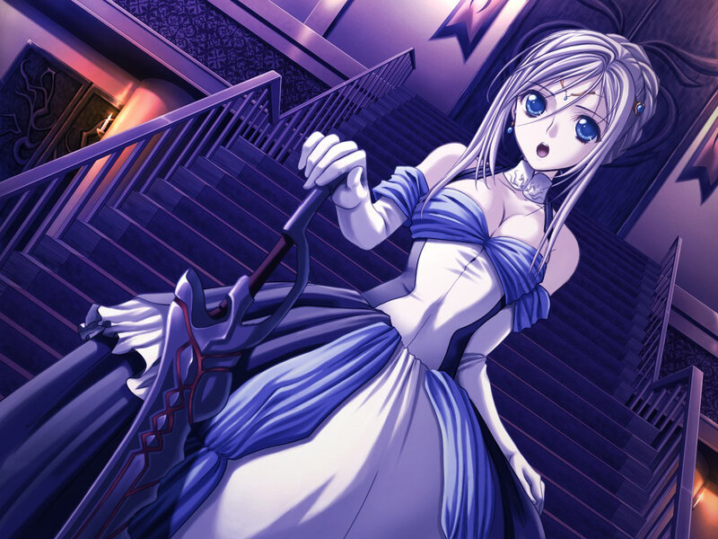 Anime Woman with Sword — Purple, Dramatic, Night, Stairs