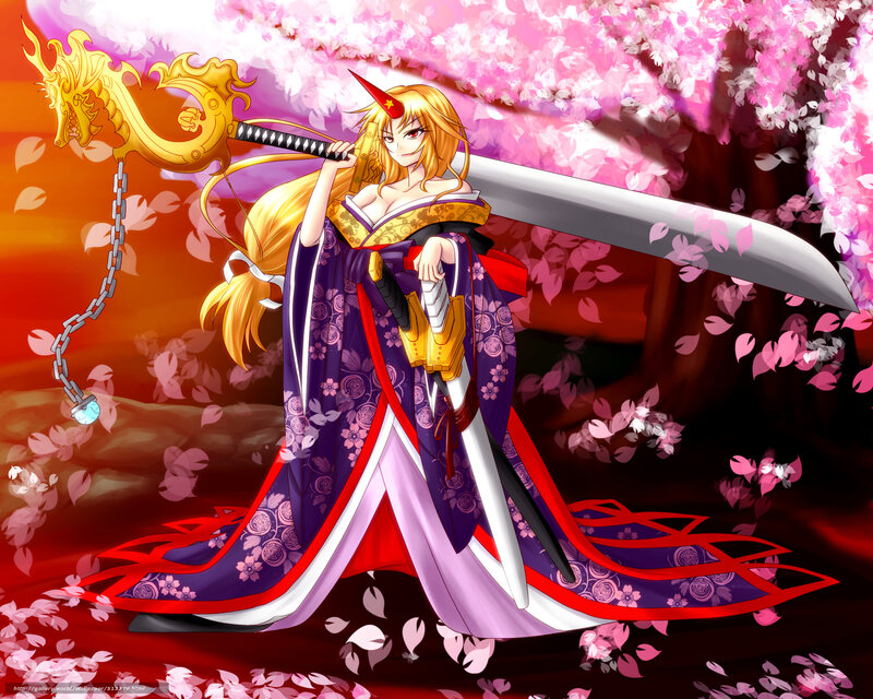 Anime Woman with Sword — Purple, Dramatic, Spring, Digital Art, Sakura