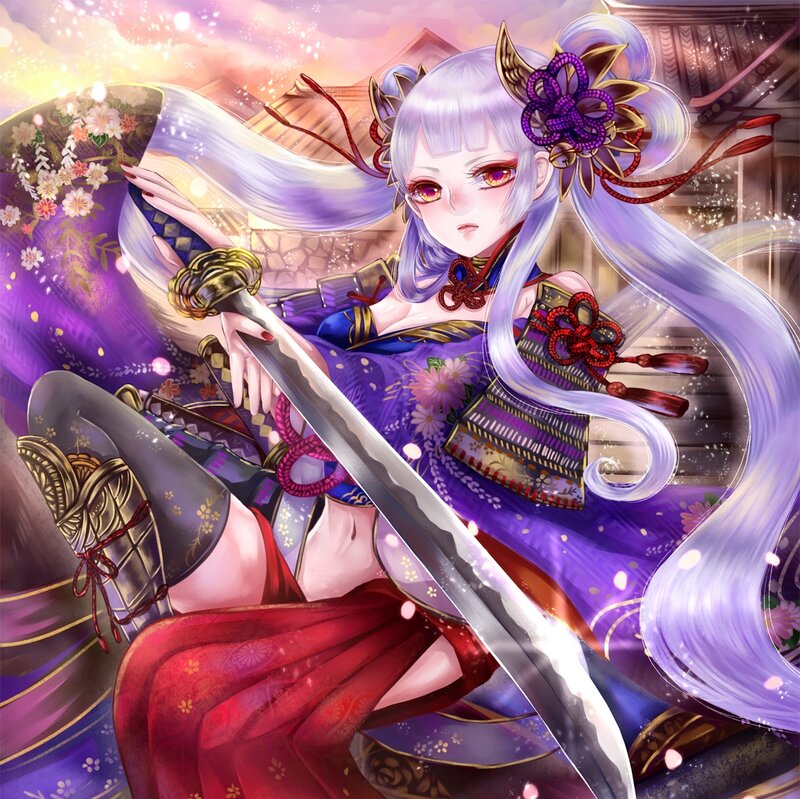 Anime Woman with Sword — Purple, Dramatic, Sunset, Digital Art, Kimono