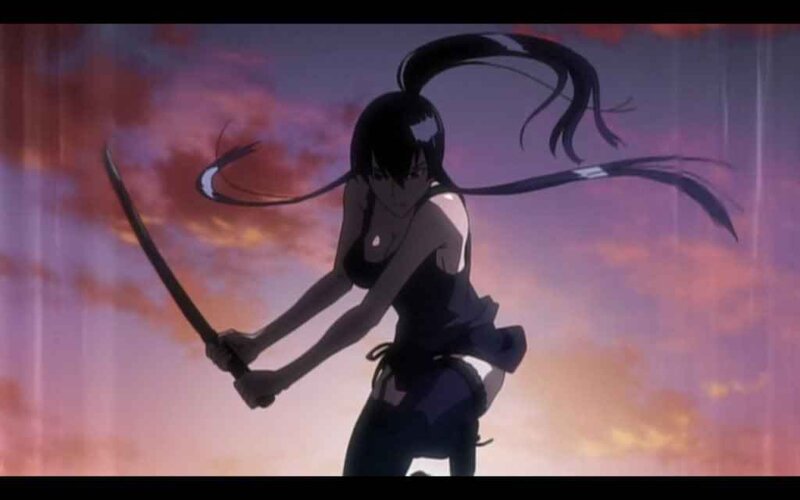Anime Woman with Sword — Purple, Dramatic, Sunset