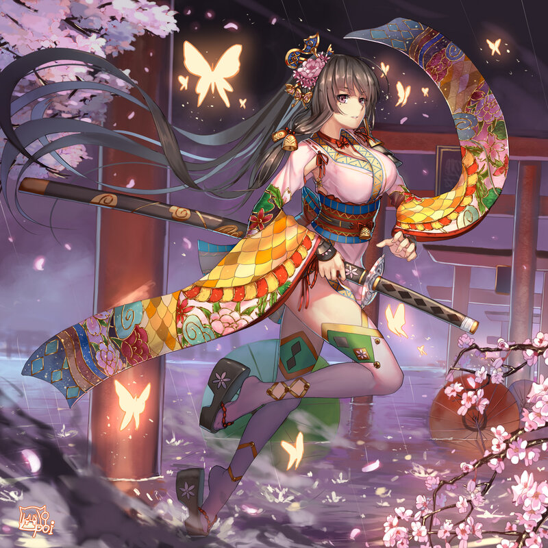 Anime Woman with Sword — Purple, Serene, Night, Digital Art