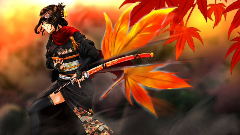 Anime Woman with Sword — Red, Dramatic, Autumn