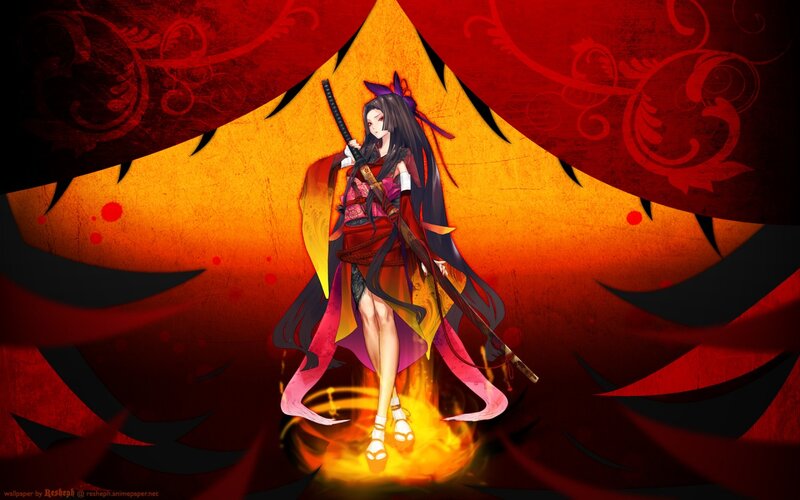 Anime Woman with Sword — Red, Dramatic, Digital Art, Fire