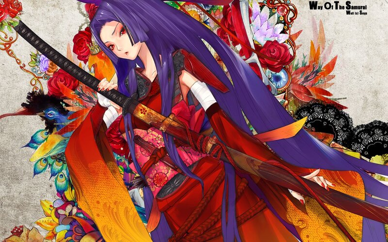 Anime Woman with Sword — Red, Dramatic, Digital Art, Flowers