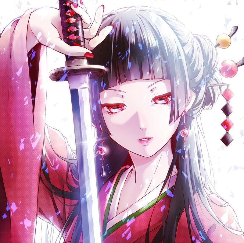 Anime Woman with Sword — Red, Dramatic, Kimono