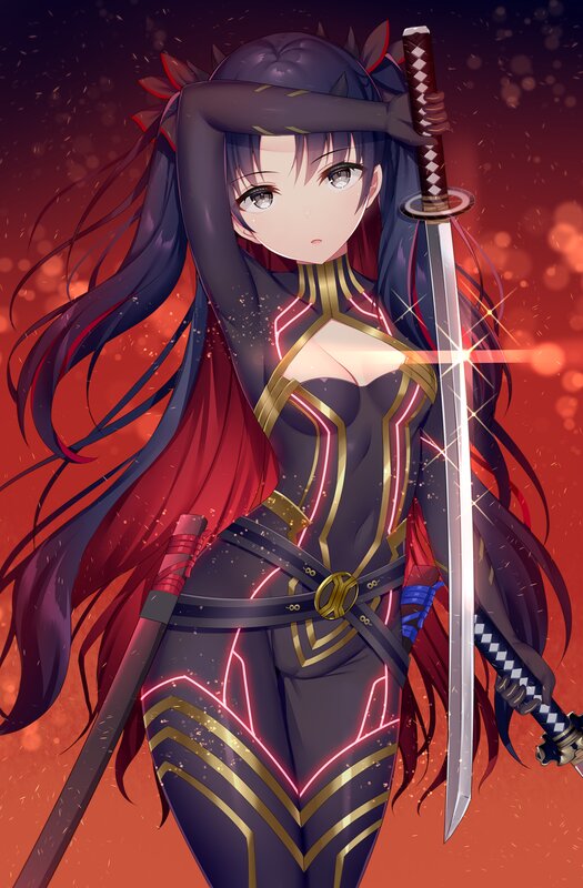 Anime Woman with Sword — Red, Dramatic, Long Hair