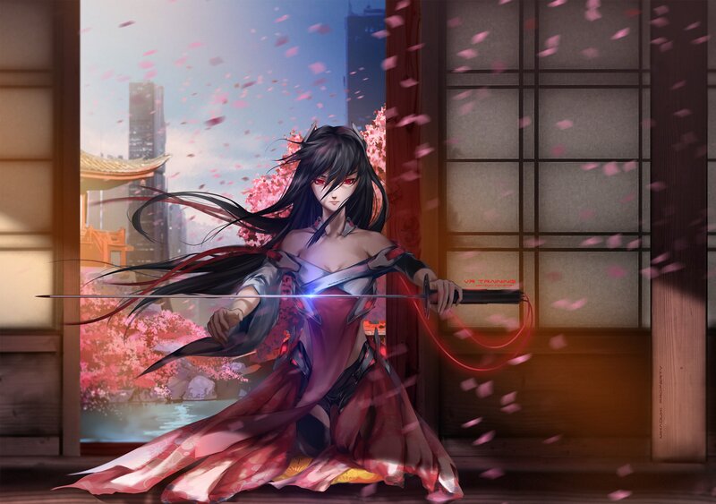 Anime Woman with Sword — Red, Dramatic, Spring, Digital Art, Sakura