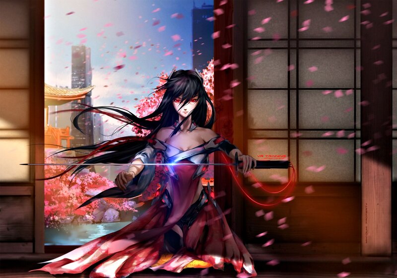 Anime Woman with Sword — Red, Dramatic, Spring, Digital Art